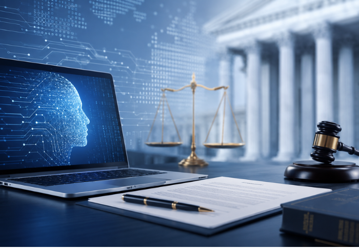 AI technology, legal documents, scales of justice, and courthouse representing Florida’s updated Vexatious Litigant Law.