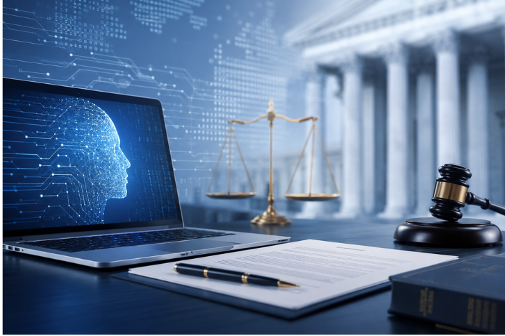 AI technology, legal documents, scales of justice, and courthouse representing Florida’s updated Vexatious Litigant Law.
