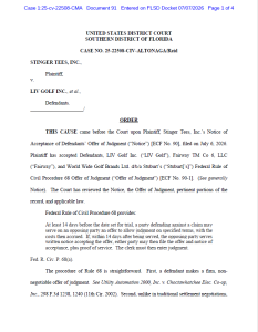 First page of the federal court order entering judgment in Stinger Golf’s trademark case against LIV Golf