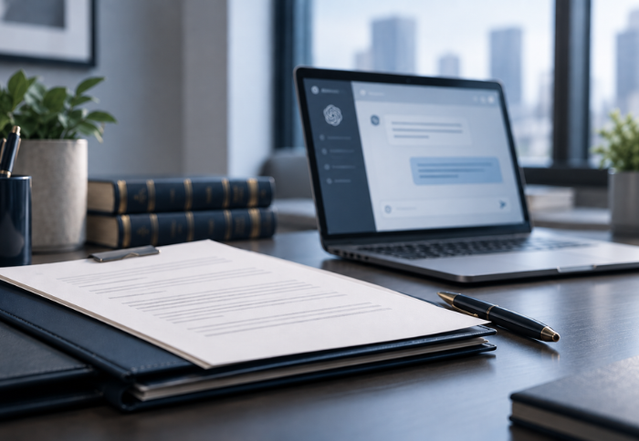 Laptop displaying an AI chat interface beside legal documents on an office desk