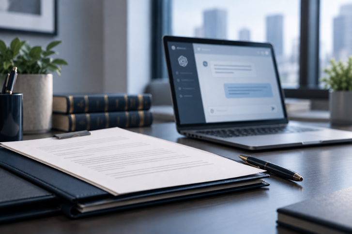 Laptop displaying an AI chat interface beside legal documents on an office desk