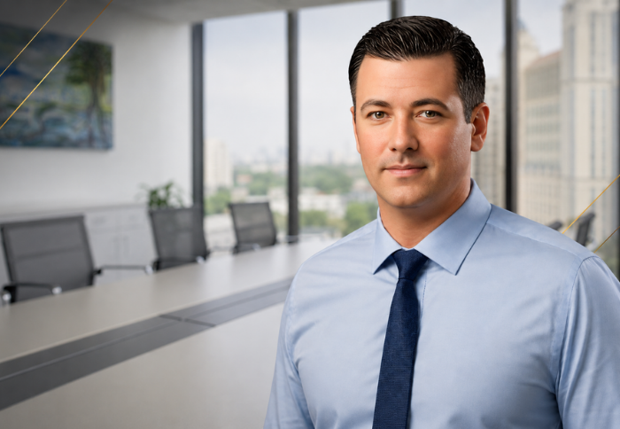 Portrait of Jesse O’Hara, Business Development Director at Barakat + Bossa, with a blurred conference room background.