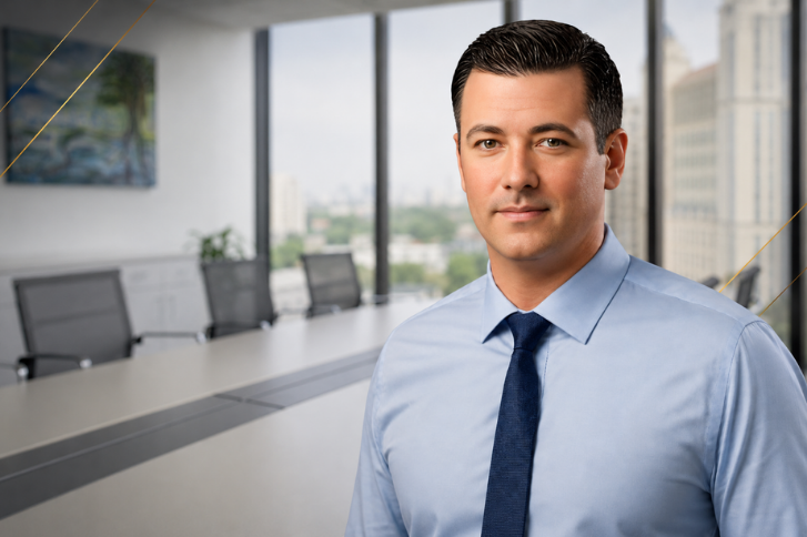 Portrait of Jesse O’Hara, Business Development Director at Barakat + Bossa, with a blurred conference room background.