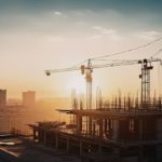Commercial construction site with high-rise building and tower crane