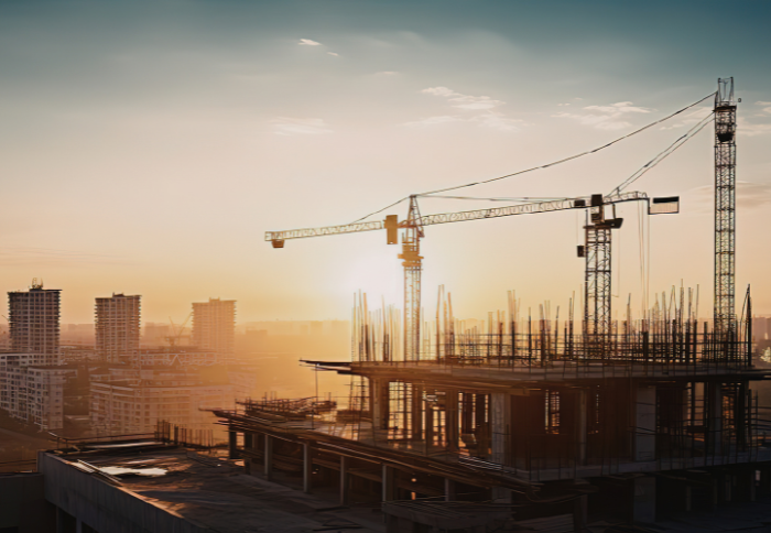 Commercial construction site with high-rise building and tower crane