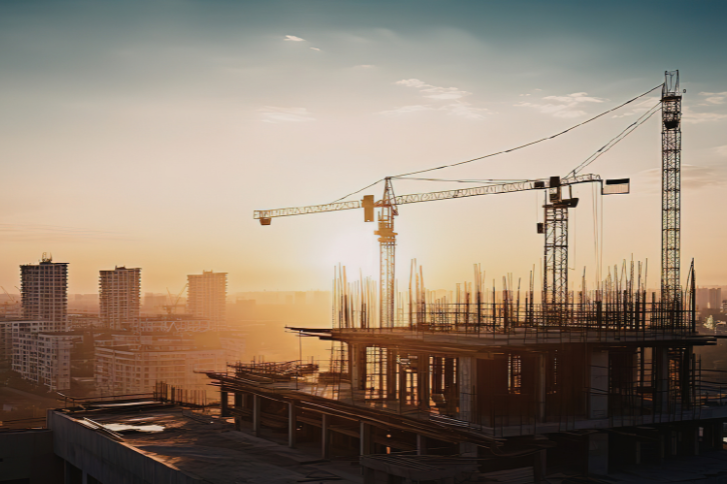 Commercial construction site with high-rise building and tower crane